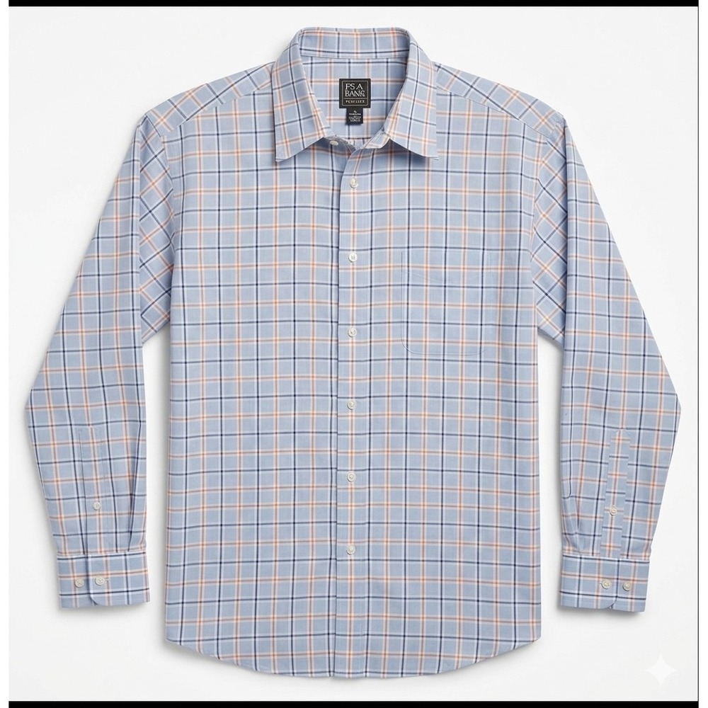 Jos A Bank Traveler Traditional Fit Plaid Button Down Dress Shirt Blue Orange XL
